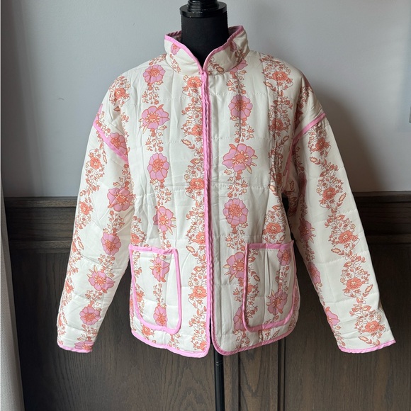 Jackets & Blazers - Cottagecore Floral Pink cream orange Women's padded quilted Jacket  NWOT Medium